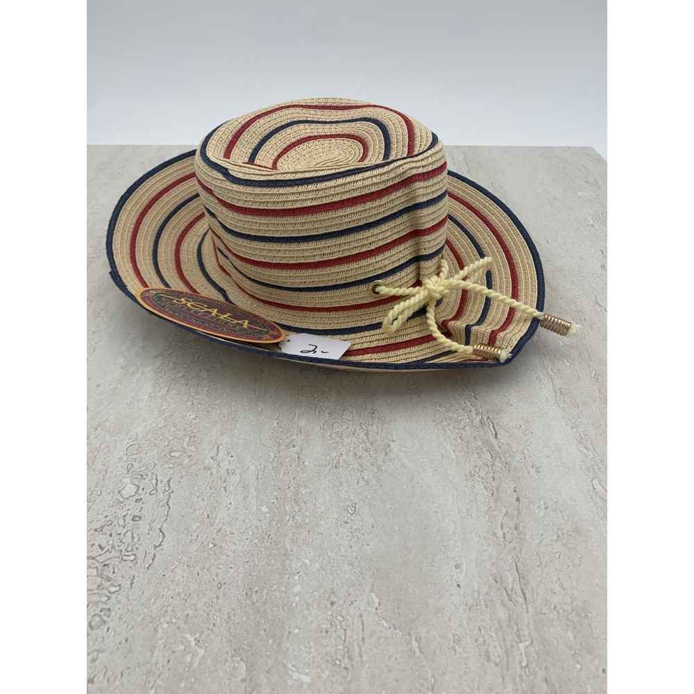 Scala Collezione Womens Striped Straw Sun Hat Red Navy Blue Nautical Rope Bow OS